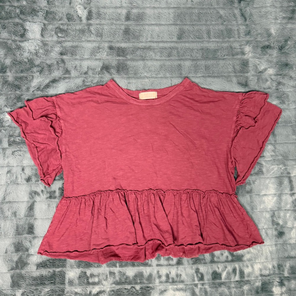 Sundry Womens Ruffle Sleeve Peplum Top Berry Pink Cotton Slub A1916K117JD Size 1
